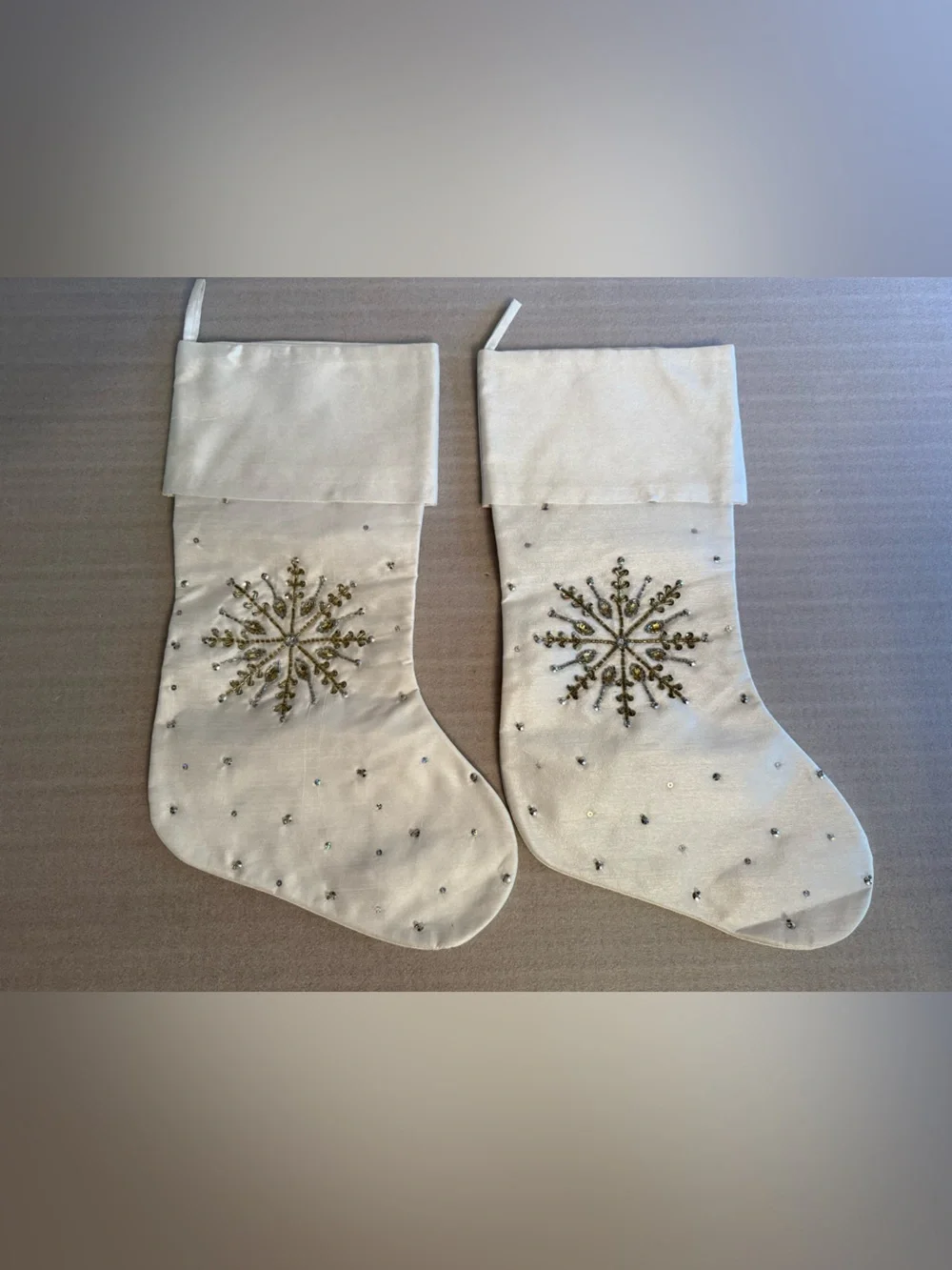 Pair of Beaded Snowflake Christmas Stockings